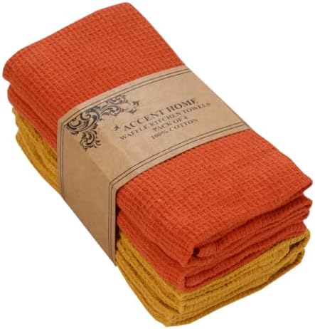ACCENTHOME 100% Cotton Waffle Weave Kitchen Towel Set of 4 Super Soft Absorbent Tea Towels | Durable Cleaning Dish Cloths & Quick Drying Dishes Rags 18x26 inches in Rust/Mustard Color