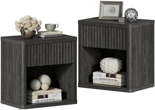 SICOTAS Night Stand Set of 2 Nightstands with Drawer Storage Fluted Bed Side Table End Table Large Modern Wide Bedside Mid Century Night Stands for Bedroom Living Room Sofa Office, Dark Grey Alder