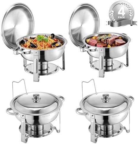 VEVOR Chafing Dish Buffet Set, 5 Qt 4 Pack, Stainless Steel Chafer with 4 Full Size Pans, Round Catering Warmer Server with Lid Water Pan Folding Stand Clip, for Weddings Parties Banquets, Silver