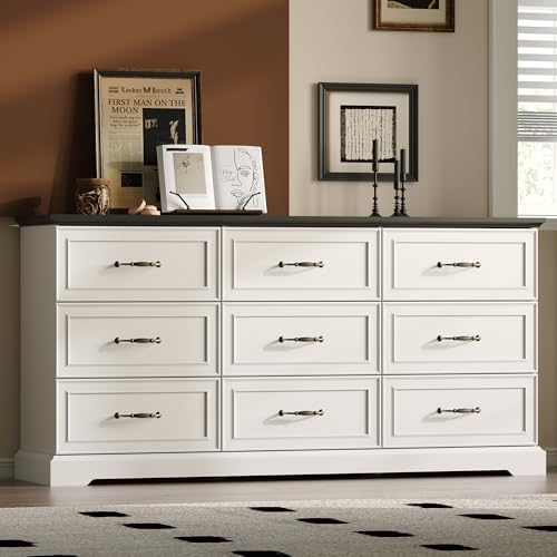 Farmhouse 9 Drawers Dresser for Bedroom, 63" Wide Modern Chest of Drawers with Deep Drawers & Bar Handles, Rustic Wood Dresser TV Stand, Wooden Closet Storage Organizer for Living Room, Hallway, White