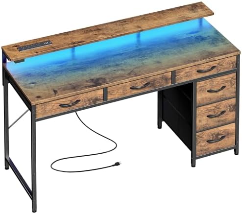 Huuger Gaming Desk with 6 Drawers, Computer Desk with LED Lights Power Outlets and Type-C, 47 Inch Office Desk with Storage, Monitor Stand, Writing Desk Work Desk for Home Office, Study, Rustic Brown