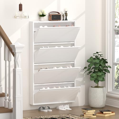GREATMEET Metal Shoe Cabinet with 4 Flip Drawers, Wall Mount Shoe Organizer for Entryway, Narrow Shoe Storage Cabinet for Entryway Slim, Hidden Shoes Rack (White, 4 FILP Drawers)