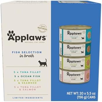 Applaws Natural Wet Cat Food in Broth, Limited Ingredient Canned Wet Cat Food, No Additives, Made with Natural Ingredients, Fish Selection in Broth Cans (20 x 5.5 oz Cans)