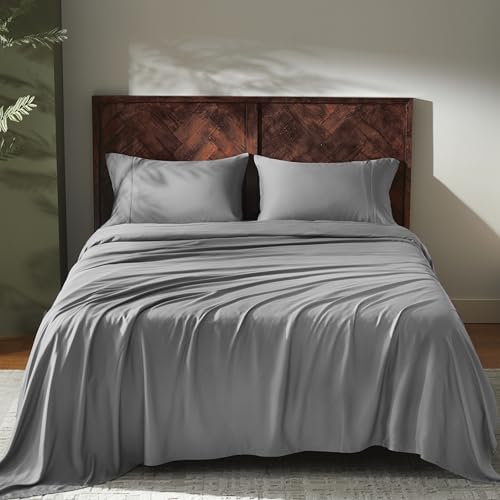 GOKOTTA King Size Sheets Set 4 Pcs,100% Rayon Derived from Bamboo,Cooling Sheets King Size for Hot Sleepers,16 Inch Deep Pocket King Sheets with Elastic Corner Straps,Silky Soft & Breathable - Grey