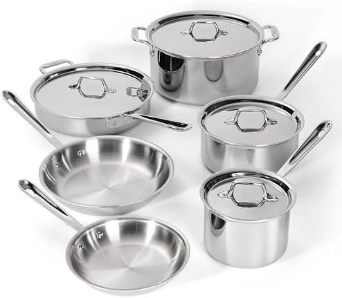 All-Clad D3 Stainless Steel Cookware Set - 10-Piece Pots and Pans Set, Induction, Oven Broiler Safe 600F - Includes Frying Pans, Saucepan, Sauté-Pan, Stockpot, Professional Cookware - Stainless Steel