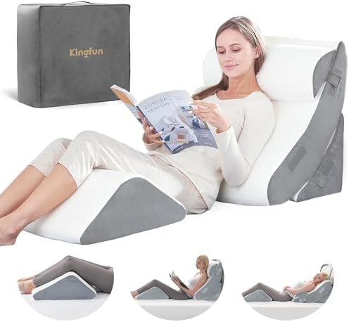 Kingfun 4pcs Orthopedic Bed Wedge Pillow Set for Post Surgery, Memory Foam for Sleeping, Adjustable Leg, Back and Arm Support, Sitting Up and Rest Pillow with Travel Bag