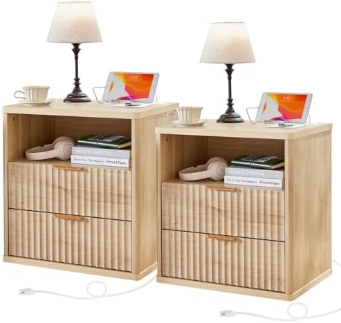 LEYAOYAO Fluted Farmhouse Nightstand Set of 2 with Charging Station, 23" Wide 2 Drawers End Table,Natural Dresser for Bedroom,Bed Side Table Chest of Drawers Cabinet,Wood Night Stand for Living Room