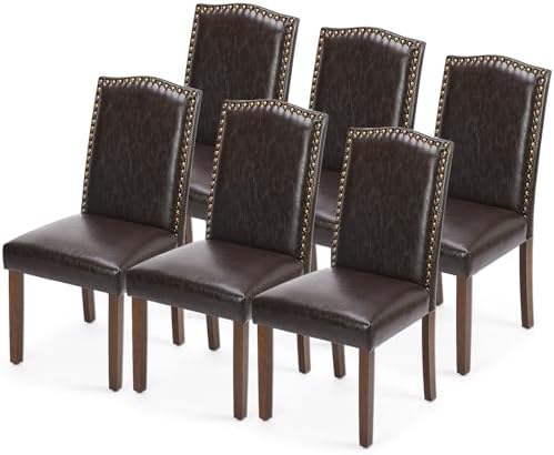 DUMOS Dining Chairs Set of 6, Moden PU Leather Kitchen Table Chairs with Wooden Legs and Padded Seat for Dining Room/Kitchen/Living Room/Restaurant, Brown
