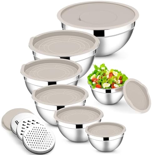 E-far Mixing Bowls with Lids Set, 7-Piece Stainless Steel Metal Mixing Bowls with Grater Attachments, Size 4.6, 3.5, 2.6, 2, 1.5, 1, 0.7QT, Nesting Design & Khaki Airtight Lids, For Cooking/Serving