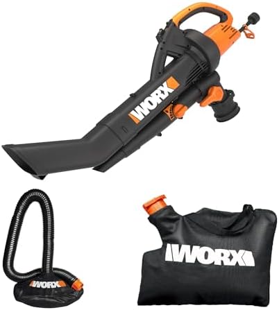 WORX Trivac 3-in-1 Electric Leaf Blower for Lawn Care, Leaf Mulcher/Leaf Vacuum with Bag, 350 CFM & 210 MPH, Leaf Shredder with Metal Impeller, Reusable Bag Included, Corded, WG505.2