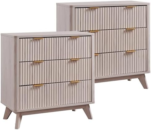 T4TREAM 32" Tall Fluted Nightstand Set of 2, Modern Side Table with 3 Drawers, End Table w/Storage, Bedside for Bedroom, Living Room, Curved Profile Design, White Alder