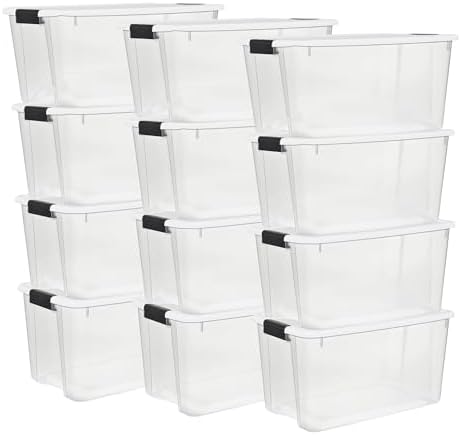 Sterilite 12-Pack Ultra Latching Box, Storage Bins with Lids, Clear Plastic, 70 Quart - Heavy-Duty Organizing Containers for Closet, Bathroom, and Office