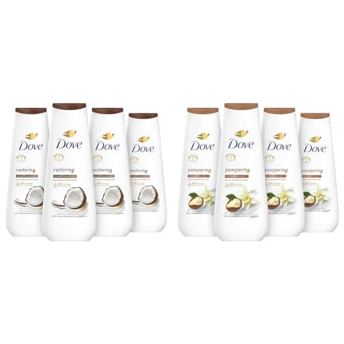 Dove Body Wash Restoring Coconut & Cocoa Butter 4 Count for Renewed & Body Wash Pampering Shea Butter & Vanilla 4 Count for Renewed