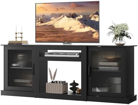 WLIVE Farmhouse TV Stand for 75 inch TV, Entertainment Center with Storage Cabinets, Mid Century Modern TV Console for Living Room, Bedroom, Black