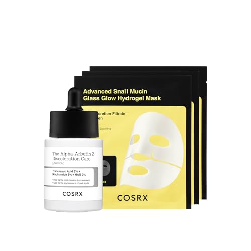 COSRX 2% Alpha Arbutin Discoloration Care Serum + Advanced Snail Mucin Glass Glow Hydrogel Masks