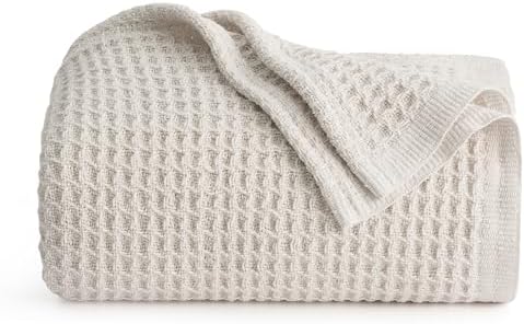 Bedsure 100% Cotton Large Throw Blanket for Couch 50x70 inches - Breathable and Soft, Waffle Weave Throw Blanket for Office, Khaki (a Little Bit Yellow)