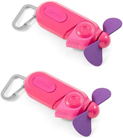 O2COOL Personal Mini Misting Fan - Portable Battery Operated Handheld Cooling Accessory with Fine Mist Spray for Outdoor, Beach, Camping - Convenient Carabiner Clip for Easy Travel - Raspberry 2 Pack