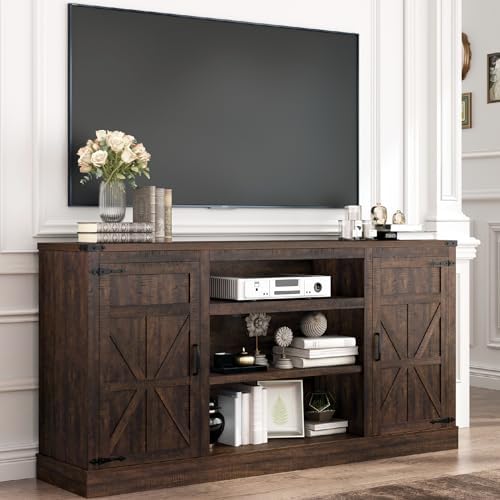 66" Farmhouse TV Stand with Power Outlets for 75 Inch TVs, 33" Tall Entertainment Center with Storage Cabinets w/Adjustable Shelves, Rustic Large TV Media Console for Living Room, Brown