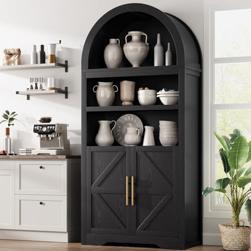 Arched Kitchen Pantry Cabinet Arched Cabinet Arched Bookshelf/Bookcase China Cabinet,71“ Tall Kitchen Pantry Storage Cabinet with Doors and Shelves for Living Room, Kitchen, Dining Room,Black