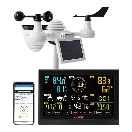 VEVOR 7-in-1 Wi-Fi Weather Station, 7.5 in Color Display, Home Weather Station Indoor Outdoor, with Solar Wireless Outdoor Sensor Alarm Alerts, for Temperature Humidity Wind Speed/Direction Rain