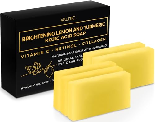 VALITIC Brightening Lemon & Turmeric Kojic Acid Soap with Vitamin C, Retinol, Collagen - Original Japanese Complex Infused with Hyaluronic Acid, Vitamin E, Shea Butter, Castile Olive Oil (5 Pack)