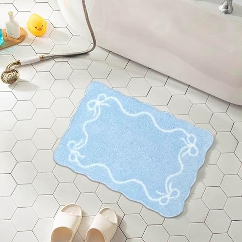 Mocsicka Blue Bow Bath Mat Cute Bow Bathroom Rug Super Soft Absorbent Bathroom Rugs Non Slip Bath Mat Machine Washable Rug for Bathrooms 16x24 inches (Blue, 40x60cm)