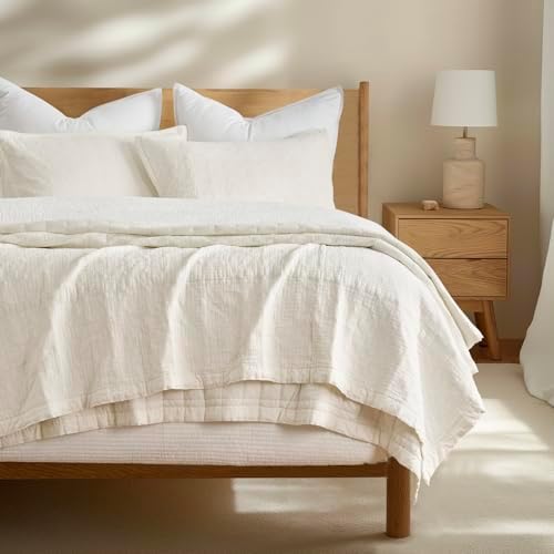 EVERGRACEHOME Stonewashed Cotton Quilt Set King Size, Ultra Soft Oversized Bedspread Coverlet Set, Lightweight Crinkle Box Stitch Bedding Sets for All Season, with 2 Shams, Ivory White