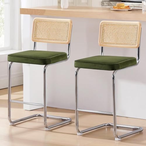 Zesthouse Natural Rattan Bar Stools Set of 2, 26'' Modern Boho Counter Height Bartools with Solid Wood Back, Mid Century Counter Stools with Velvet Cushion, Cane Back Island Chairs for Kitchen, Green