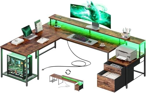 PRAISUN 66 Inch L Shaped Computer Desk with Power Outlets and LED Lights, Home Office Desk with Fabric Drawers and Print Stand, L Shape or Long Set up, Monitor Stand, Mesh CPU Stand, Rustic Brown
