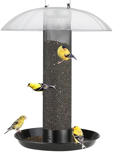 Kingsyard Thistle & Nyjer Bird Feeders for Outdoors Hanging, Metal Finch Feeder with Weatherproof Dome & Removable Tray, 14 Inch Mesh Tube, 2-1/4 lbs Seed Capacity, Great for Wild Bird (Black)