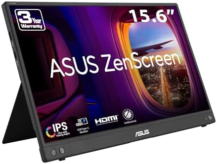 ASUS ZenScreen 16” (15.6 inch viewable) 1080P USB-C Portable Monitor (MB16AHV) - Full HD, IPS, Blue Light Filter, Anti-glare, Mini HDMI, Kickstand, Tripod Mountable, Protective Sleeve, 3 year warranty