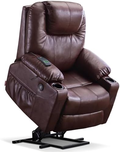 MCombo Electric Power Lift Recliner Chair Sofa with Massage and Heat for Elderly, 3 Positions, 2 Side Pockets, and Cup Holders, USB Ports, Faux Leather 7040 (Dark Brown, Medium)