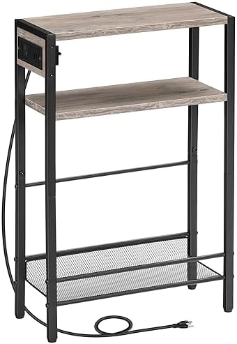 HOOBRO Small Narrow Side Table with Charging Station, Skinny End Table for Small Spaces, Slim Nightstand with USB Ports Outlet, Sofa Beside Table with Storage Shelf, Greige and Black BG102UBZ01