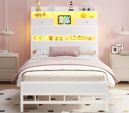 BTHFST Twin Bed Frames with Headboard & Charging Station, LED Bed Frame Twin with 5 Storage Shelves & 2 Fabric Drawers, Platform Bed Frames for Kids, No Box Spring Needed, White