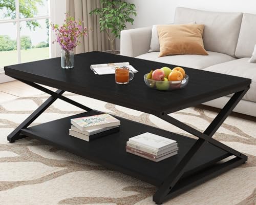 HSH Black Coffee Table Modern, 47 Inch Simple Rectangle Cocktail Table with Storage Display Shelf, 2 Tier Minimalist Industrial Wooden and Metal Center Tea Table for Living Room Office, Black Oak
