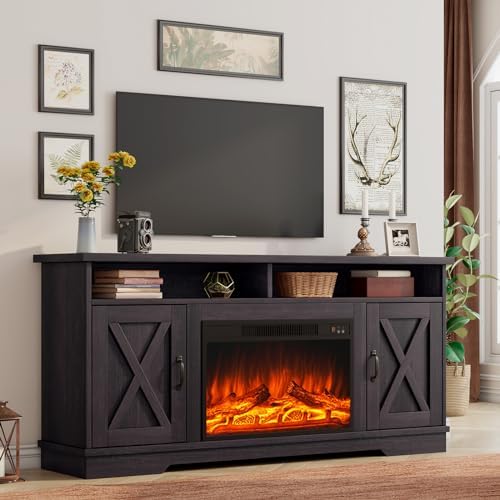 AMERLIFE 63" Farmhouse TV Stand with 26" Fireplace, for TVs up to 73", Media Entertainment Center with Adjustable Shelf & Barn Doors, Rustic TV Console Cabinet for Living Room, Dark Walnut & Wood