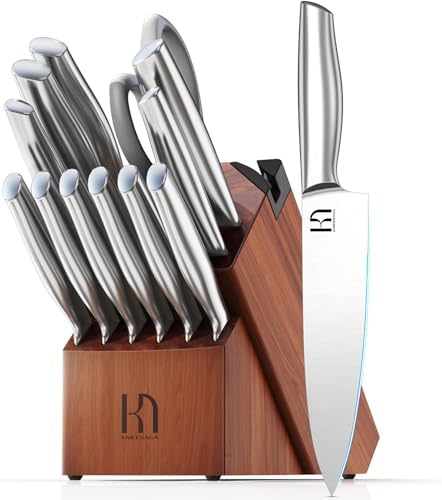 Knife Set Premium, Japanese High Carbon Stainless Steel 14 Pcs Kitchen Knives Block Set with Built-in Sharpener and Wood Block, Razor Sharp Knife Sets for Kitchen with Ergonomic Handle
