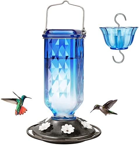 Kingsyard Glass Hummingbird Feeder for Outdoor Hanging, 24 Ounces, 6 Feeding Ports, Bird Nectar Feeder for Garden DΓ©cor, Ant Moat Included, Blue