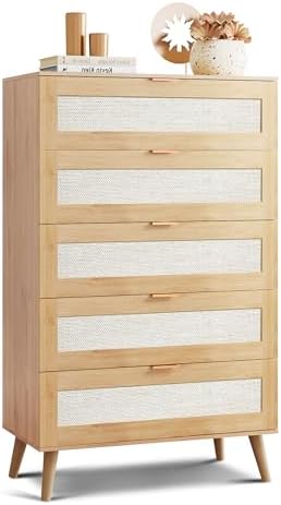 WLIVE Rattan Dresser for Bedroom, 5 Drawer Wood Boho Dresser Storage with Gold Metal Handle, Chest of Drawers for Living Room, Closet, Hallway, Light Oak