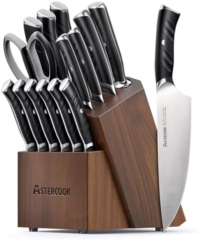 Astercook Kitchen Knife Set, 15 Piece Knife Block Sets with German 1.4116 Steel Sharper and Rust Proof, Full Tang Knives Set with Ergonomic Nylon Handle, Dishwasher Safe Black