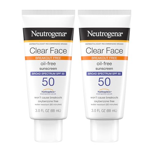 Neutrogena Clear Face Sunscreen Lotion for Acne-Prone Skin, Broad Spectrum SPF 50 Facial Sunscreen for Oily Skin, Oil-, Fragrance- & Oxybenzone-Free Water Resistant Sunscreen, Twin Pack, 2 x 3 fl. oz