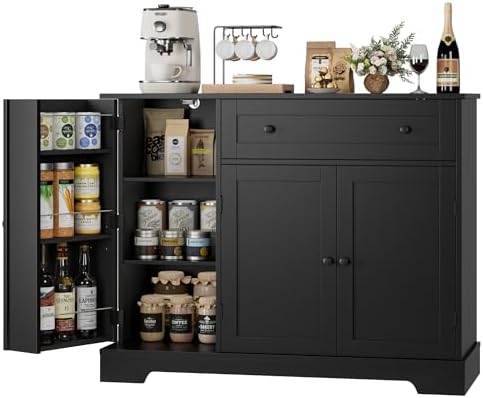HOSTACK Buffet Cabinet with Storage, Modern Sideboard Buffet with Doors, Wood Coffee Bar Kitchen Storage Cabinet with Drawer and Adjustable Shelf for Kitchen, Dining Room, Living Room, Black