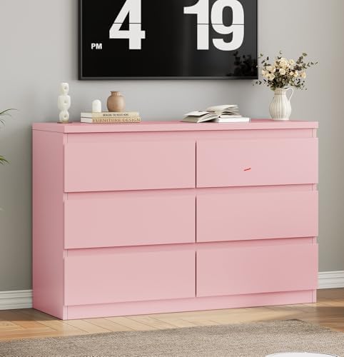 Modern Pink 6 Drawer Dresser - Simply Chest of Drawers for Bedroom, Closet, Living Room, Hallway, Entryway, Wood Storage Double Dresser with Smooth Metal Rails - Pink