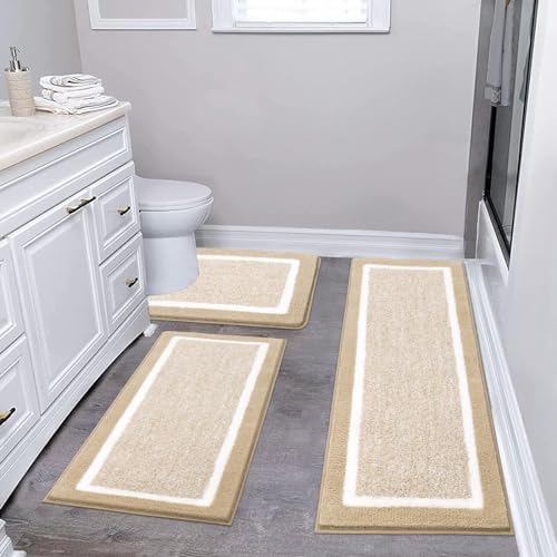 Pauwer 3 Pieces Bathroom Rugs Sets, Microfiber Shaggy Bath Mat Set, Ultra Soft Non-Slip Rug with U Shaped Toilet for Bathroom, Tub, Shower Washable Carpets Set,Beige