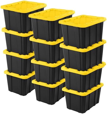 Sterilite 12-Pack Stackable Storage Bins, Heavy Duty Totes w/ Lids, 27 Gallon, Black/Yellow