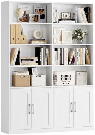 FACBOTALL Bookshelf and Bookcase with Doors, 6 Tier Double Wide Large Bookshelves, Open Display Shelves, 73'' Tall Bookshelf with Storage Cabinets for Home Office, Living Room, Library, White