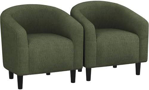 Yaheetech Barrel Chairs, Furry Accent Chairs with Soft Padded Armrest for Living Room Bedroom Waiting Room Office, Set of 2, Dark Green