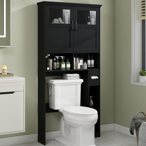Vabches Over The Toilet Storage Cabinet, Storage Cabinet Over Toilet with Double Doors & Toilet Paper Holder Stand, Freestanding Toilet Shelf Space Saver with Anti-Tip Design & Adjustable Shelf, Black