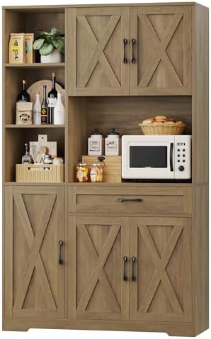 HOSTACK 71" Tall Kitchen Pantry Storage Cabinet, Farmhouse Food Pantry Cabinet with Microwave Stand, Barn Doors Kitchen Hutch with Large Drawer and Shelves for Dining Room