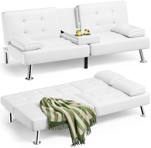 Homall Futon Sofa Bed, Leather Futon Couch with Removable Armrests, Adjustable Recliner Sleeper Sofa Bed with Dual Cup Holders for Living Room, Apartment, Office (White)